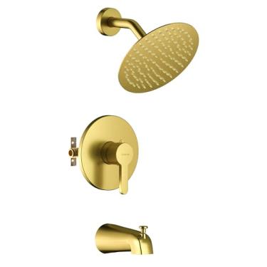 Imagem de Lavatrum Conjunto De Torneira Chuveiro Premium Com Válvula Balanceamento Alta Pressão, Montagem Em Parede, Redondo Dourado 8 Polegadas E Bica Banheira Para Banheiro (1,8 Gpm)