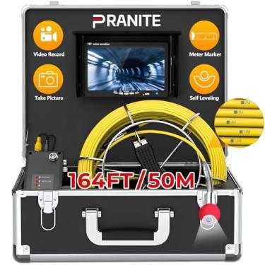 Imagem de PRANITE Câmera De Esgoto Autonivelante, Drenagem 164 Pés, Inspeção Com Contador Medidores, Encanamento Tipo Cobra Luz, Tela Hd 7'', Dvr, À Prova D'Água Ip68, Cartão 16 Gb