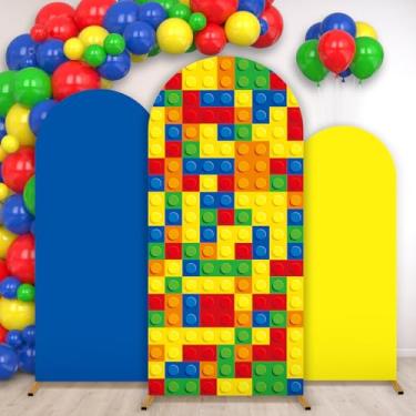 Imagem de Conjunto de 3 peças de capa de arco de festa de tijolos de construção com tema de blocos de fundo elástico elastano 1,2 m 1,5 m 1,8 m para decoração de festa de aniversário de crianças para sala de