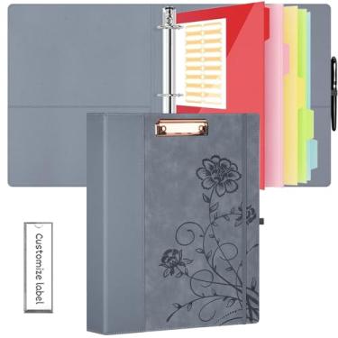 Imagem de Fichário de 3 anéis de 2,5 cm, fichários de couro com pranchetas, 18 divisórias stikers, fichário de três anéis KLLVE com suporte para caneta (cinza, tamanho carta)