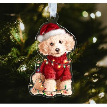 Imagem de Enfeite de Natal para cães Poodle – Decoração acrílica – Enfeite fofo de poodle – Presente para amantes de cães – Mãe de estimação – Decoração para pendurar na árvore de Natal