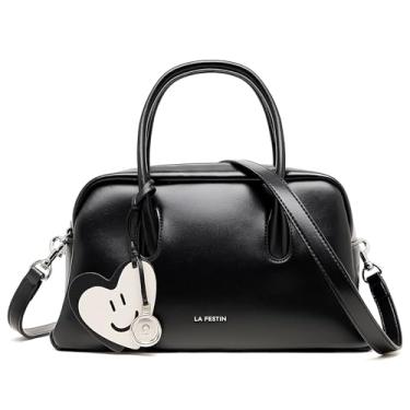 Imagem de LA FESTIN Bolsa de ombro de couro com alça superior para mulheres, bolsas transversais fofas com alça removível, bolsas de couro genuíno, Preto