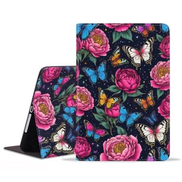 Imagem de stmedazm Capa para iPad 9.7 2018/2017, iPad Air 2/iPad Air, capa dobrável de couro sintético premium com função despertar/hibernar automática para iPad 6ª/5ª geração – flor borboleta