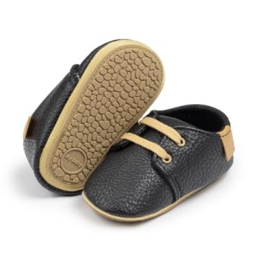 Imagem de Tênis Oxford para bebês meninos meninas couro PU sola de borracha macia antiderrapante infantil tornozelo mocassins First Walker, A01/preto, 12-18 Months Toddler