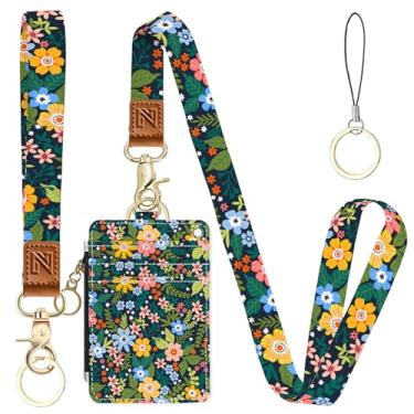 Imagem de Porta-crachá de identificação 2 em 1 com flores verdes e carteira com cordão para professores, enfermeiras, profissionais - linda bolsa de moedas com zíper, alça de pulso removível e cordão de pescoço