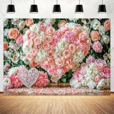 Imagem de Pano de fundo romântico de parede com coração e flor de rosa, rosa branca e rosa, fundo fotográfico, meninas, mulheres, aniversário, capina, chá de panela, decoração de festa, banner, estúdio