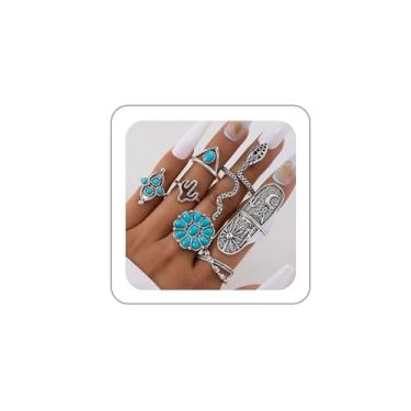 Imagem de BOOZIQ Conjunto de anéis Western Country para mulheres, boêmio, empilhável, turquesa, conjunto de anéis turquesa ocidental, joias de concertos country para mulheres