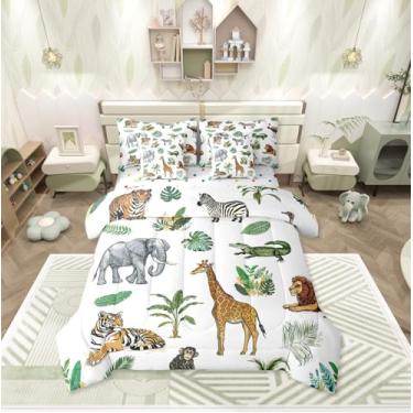 Imagem de Erosebridal Jogo de cama infantil casal de animais selvagens com desenho animado de elefante girafa em uma bolsa, animais de safári, crocodilo, tigre, zebra, palmeira, tropical, conjunto de lençol com