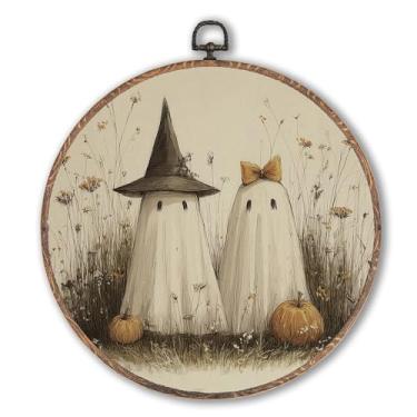 Imagem de Lengues Witch Ghost Wildflowers Meadow Halloween Round Wall Art Decor, Cottagecore Witch Halloween Fall Canvas Framed Art Prints, Vintage Spooky Ghosts Bow Hanging Frame para decoração de quarto 25 x