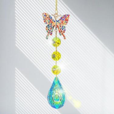 Imagem de XEYOLHON Apanhador de sol de borboleta, criador de arco-íris para pendurar com prisma de gota de vidro, apanhador de sol de cristal colorido para decoração de janela de casa e jardim
