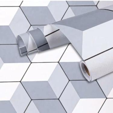Imagem de Papel de Parede Adesivo Geométrico Hexagonal, Cinza e Branco, PVC Vinílico, 45cm x 5m, Impermeável e Lavável, Decoração Moderna para Casa e Escritório