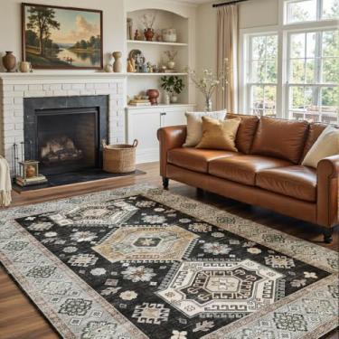 Imagem de Tapetes de área 12 x 18 cm preto e branco lavável para sala de estar, sala de jantar, quarto, tapetes grandes, antiderrapante e antiderrapante tapete com estampa vintage para decoração de escritório