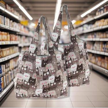 Imagem de Sacos de compras reutilizáveis de poliéster dobrável, estampa geométrica de flores de animais fofos, sacolas de compras reutilizáveis extragrandes de 13,6 kg, resistentes e laváveis na máquina