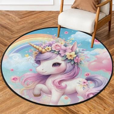 Imagem de Tapete redondo de 1,5 m de desenho animado flor unicórnio tapete circular antiderrapante lavável tapete de porta para interior quarto berçário sala de estar cozinha banheiro entrada casa tapete