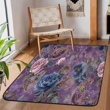 Imagem de Tapete de área para sala de estar, lavável à máquina, flor rosa, retrô, roxo, antiderrapante, tapete macio, para sala de estar, quarto, sala de jantar, berçário, cozinha, decoração de casa