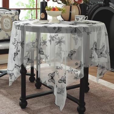 Imagem de Huierxun Toalha de mesa de renda branca 135 x 135 polegadas vintage borboleta preta bordada toalha de mesa quadrada rústica boho chique casamento capa de mesa de chuveiro nupcial sobreposição (preto D