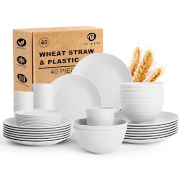 Imagem de BUSOKIP Conjuntos de louça de palha de trigo - 40 peças de pratos e tigelas inquebráveis, serviço para 8 pratos de cozinha, pratos de jantar, tigelas de cereal, conjunto de xícaras, pratos de