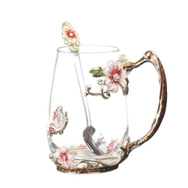 Imagem de Guon-Wuvl Copos de flores 3D de vidro de cristal de artesanato caneca de chá com colher de chá feminina café, chá, suco, cerveja, leite bebidas quentes e frias, use pacote de presente. (Tal vermelho)