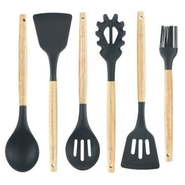 Imagem de Conjunto de 6 utensílios de cozinha, utensílios de cozinha não tóxicos com espátula de silicone resistente ao calor, colher grande para servir e escumadeira, espátulas flexíveis, escova e ancinho de