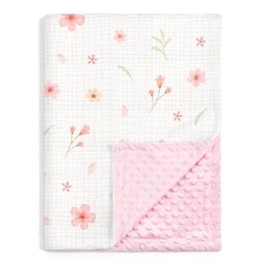 Imagem de Cobertores florais de bebê para meninas recém-nascidas, cobertores macios para berçário com musselina e lã pontilhada nas costas 76 x 101 cm, colcha de cama para bebês e crianças pequenas