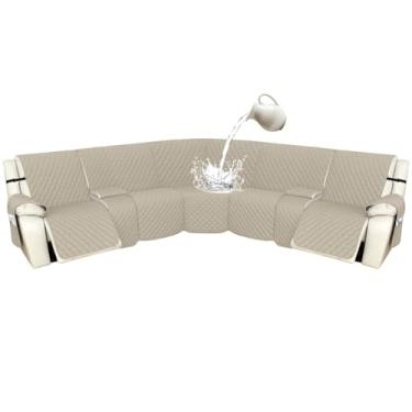 Imagem de Arfntevss Capas para sofá reclináveis 1OO% à prova d'água, em forma de L, capa de sofá reclinável em forma de L, protetor de canto lavável para cães (5 lugares com 2 consolas, cáqui claro)