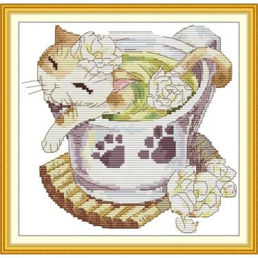 Imagem de CrossNest Kit de ponto cruz com contagem de animais de 14 quilates para iniciantes, conjunto completo de bordado DIY não impresso com padrão e ferramentas, pano Aida premium e fios (xícara de chá)