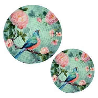 Imagem de Wassud Conjunto de tripé de pássaro em ramo de rosa para pratos quentes, suportes de panela redondos, almofadas quentes de algodão, porta-copos elegantes, decoração de cozinha e acessórios, 2 peças