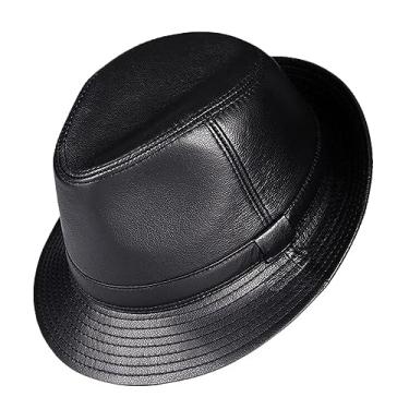 Imagem de Chapéu masculino de couro jazz verão inverno quente clássico vintage chapéu trilby boné (preto-M