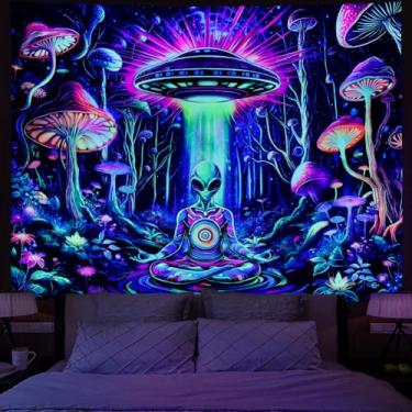 Imagem de Amonercvita Tapeçaria de OVNI Alienígena Luz Negra Tapeçarias Florais Cogumelo Néon UV Reativo Yoga Meditação Tapeçaria Fantasia Floresta Tapeçarias Pano de Fundo para Decoração de Casa