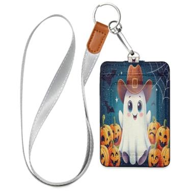Imagem de Wassud Lindo porta-crachá de couro PU Cowboy Ghost Pumpkins com cordão, porta-cartão de identificação para trabalho, cordão de pescoço com compartimentos para cartões de crédito, funcionários
