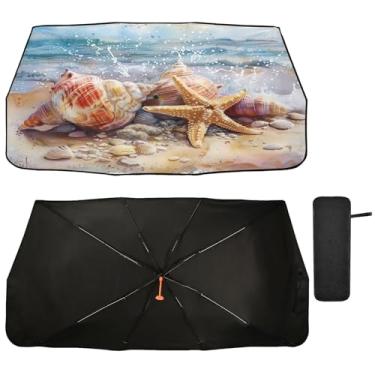 Imagem de YETTASBIN Guarda-sol para para-brisa de carro dobrável com concha marítima, protetor de para-brisa frontal UV com bolsa de armazenamento para carro, caminhão, SUV, a maioria dos veículos, 147 x 73 cm