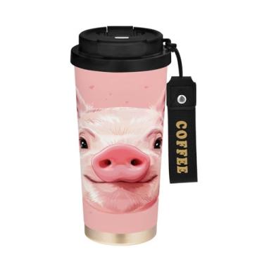 Imagem de YETTASBIN Caneca de café com isolamento térmico Pig de 482 g com tampa canudo, copo à prova de derramamento e vazamento com alça para bebida quente e fria, garrafa de água de aço inoxidável