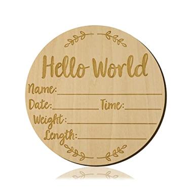 Imagem de Placa de anúncio de bebê, placa de nascimento Hello World de 15 cm, redonda de madeira, marco, nome do berçário, sinais de nascimento para hospitais e anúncios de gravidez
