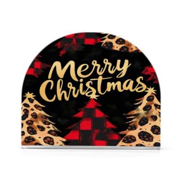 Imagem de Qilmy Suporte de guardanapo de árvore de Natal estilo leopardo para mesas, porta-guardanapos de papel de placa acrílica elegante, dispensador de papel de seda independente moderno para sala de jantar