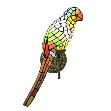 Imagem de Arandela de parede grande em estilo Tiffany com papagaio, feita à mão em vitral vintage, ideal para quarto, cabeceira, corredor e varanda. Potência máxima de 60W, 110V-240V, 50 cm de altura.