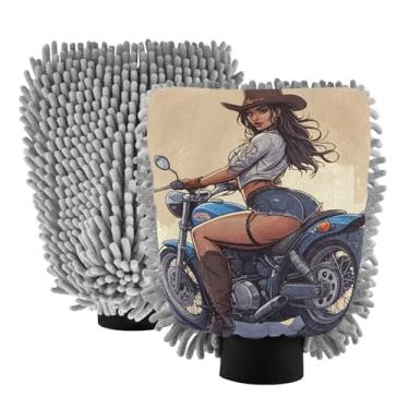 Imagem de STAYTOP Luvas de lavagem de carro Cowgirl Riding A Motorcycle 2 peças, luvas de microfibra de chenille livres de arranhões, panos de esponja de lavagem ultra absorventes para carros, limpeza doméstica