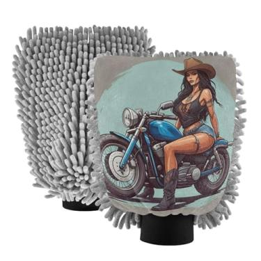 Imagem de STAYTOP Luvas de lavagem de carro Cowgirl Riding A Motorcycle 2 peças, luvas de microfibra de chenille livres de arranhões, panos de esponja de lavagem ultra absorventes para carros, limpeza doméstica