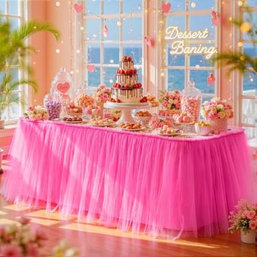 Imagem de PARTISKY Saia de mesa de tule rosa choque de 2 m de comprimento para mesas redondas retangulares de 2 camadas de tule tutu de tecido tutu para decoração de chá de bebê, festa de aniversário, casamento