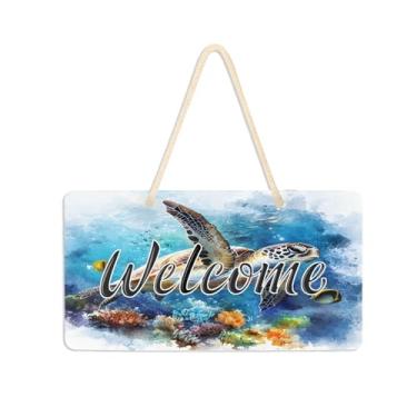 Imagem de Burbuja Placa de boas-vindas em aquarela tartaruga marinha no oceano para porta da frente, placa de boas-vindas de PVC para decoração de férias, 15 x 28 cm