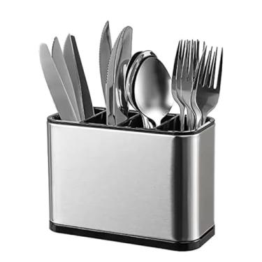 Imagem de Escorredor de Talheres em Aço Inox 4 Divisórias Sistema de Drenagem Design Moderno Organizador Compacto para Pia e Utensílios de Cozinha