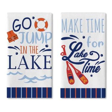 Imagem de Croar Go Jump in The Lake Conjunto de 2 panos de prato de cozinha, bóias salva-vidas, jaqueta de secagem, toalha de mão, pano de cozimento, lago casa, presente, lago para casa, terraço, banheiro