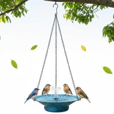 Imagem de Banheiras suspensas para pássaros de 32 cm para ambientes externos, banho de pássaros suspensos com fonte solar, fonte de beija-flor para decoração de pátio de jardim, energia solar, azul