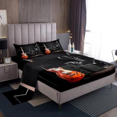 Imagem de Castle Fairy Jogo de lençol solteiro de música rock, 3 peças, instrumento musical de guitarra, kit de bateria, lençol de cima + lençol com elástico para decoração de quarto de crianças, meninas
