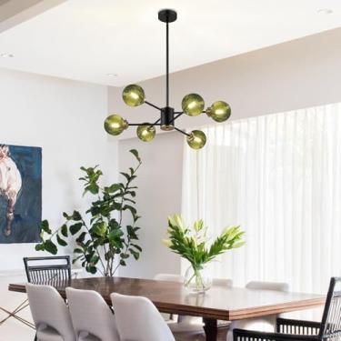 Imagem de Lustre dourado para ilha de cozinha, luminária pendente de vidro verde, estilo moderno de meados do século XX, luminárias Sputnik de metal, luminária com cúpula esférica para sala de jantar