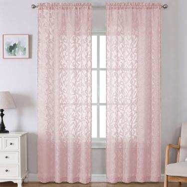 Imagem de Lecloud Leia Cortinas transparentes rosa blush para decoração de quarto 273 cm de comprimento, 2 peças, cortinas de janela texturizadas de folha jacquard para sala de estar, sala de jantar, cortinas