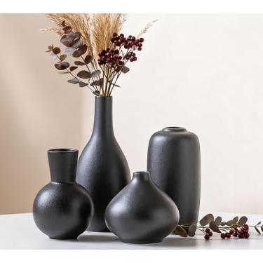 Imagem de Conjunto de 4 vasos de flores de cerâmica preta, vasos decorativos modernos para estante de livros, mesa de console de café para sala de jantar, mesa de centro de mesa