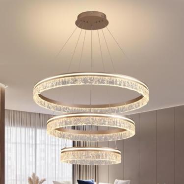 Imagem de Lustre LED moderno com controle remoto, luminária grande para sala de estar com pé direito alto, dimerizável, pendente, luminária suspensa redonda adequada para ilha de cozinha, sala de jant