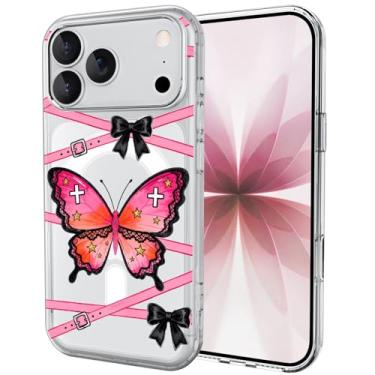 Imagem de OFQKOAKS Capa para iPhone 16 Pro Max, compatível com MagSafe, capa de telefone com design magnético de borboleta de cinto rosa doce, capa protetora transparente e macia para mulheres e meninas