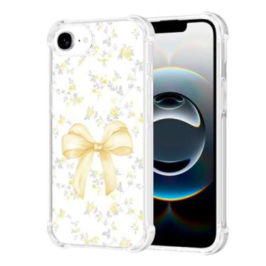 Imagem de Vulfwela Capa para iPhone 16e de 6,1 polegadas com laço amarelo, linda estampa de flores românticas, capa de telefone transparente para mulheres e meninas, antiamarelamento, antiqueda, à prova de