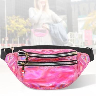 Imagem de Fanny Pack Bolsa feminina holográfica horizontal à prova d'água com cinto ajustável a laser moda esportes PU brilhante pochete, rosa, Pacotes de cintura